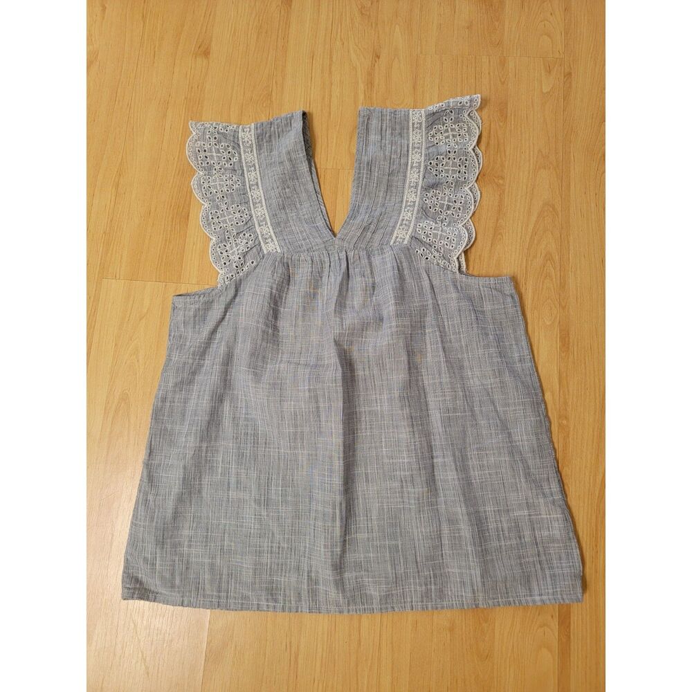 Gap Cotton Eyelet Embroidered Ruffle Sleeve V-Neck Top Gray Extra Small XS